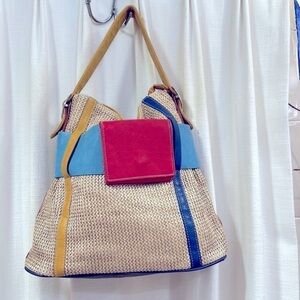 Elegance Straw and Faux Leather Color Block Multi Color Shoulder Bucket Bag